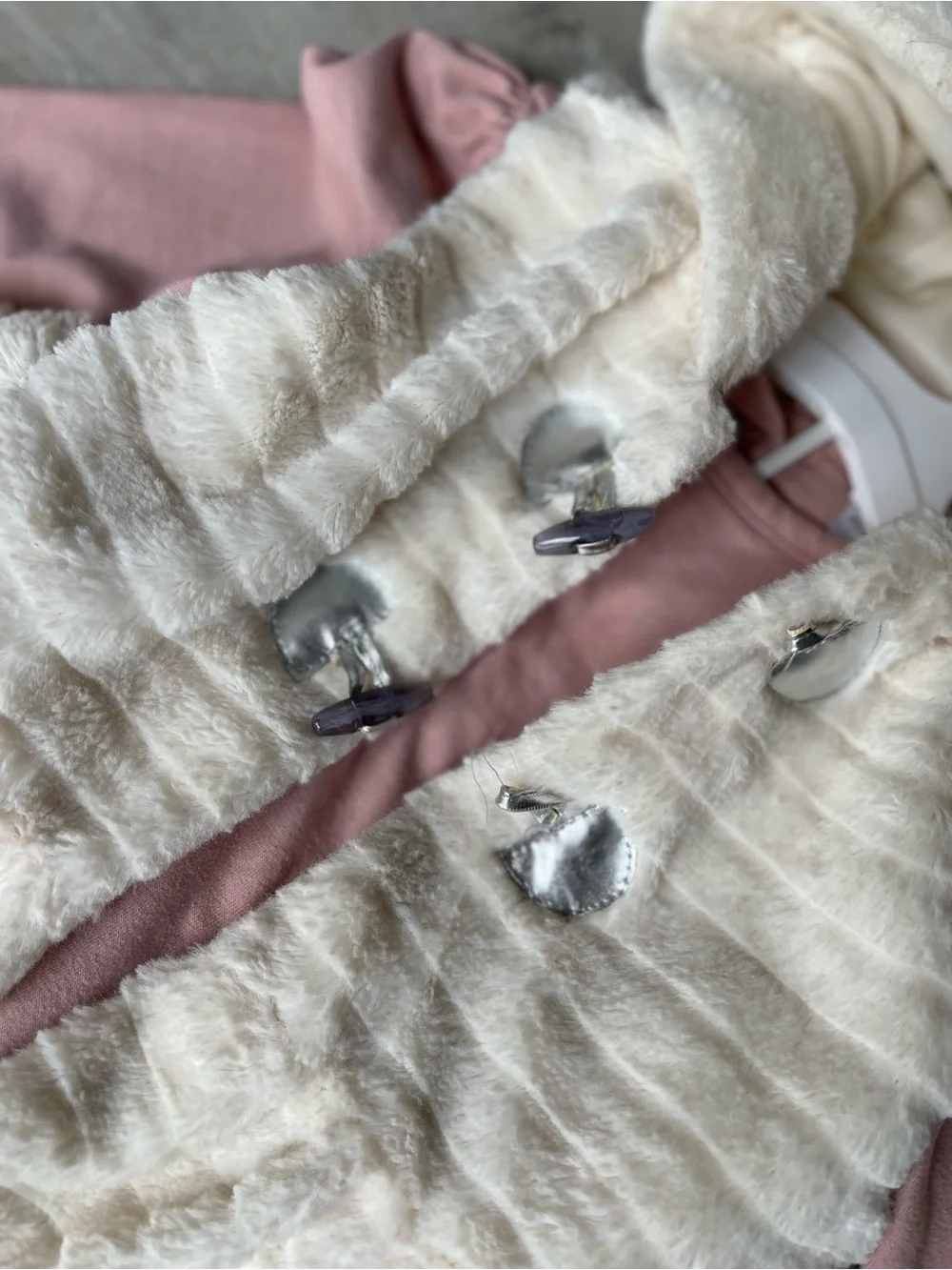 Cozy Cream Hooded Vest with Pink Top and Floral Gray Leggings - Picture 5 of 8